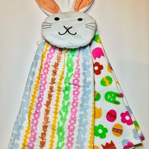 2 Easter Bunny Kitchen Towels Rabbit Face Tie Top Spring Eggs Flowers